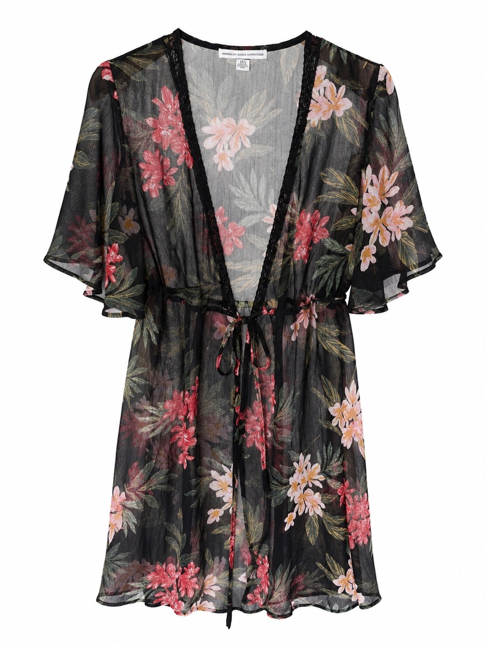 American Eagle Black Floral Sheer Chiffon Beach Cover-Up Kimono Size XS / S